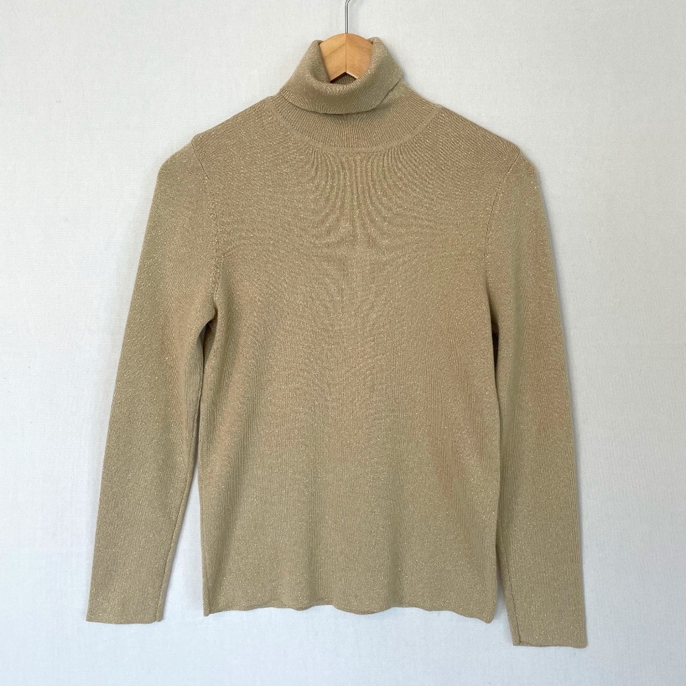 CHICO'S Size 1 US Medium Gold Metallic Sparkle Knit Turtleneck Sweater